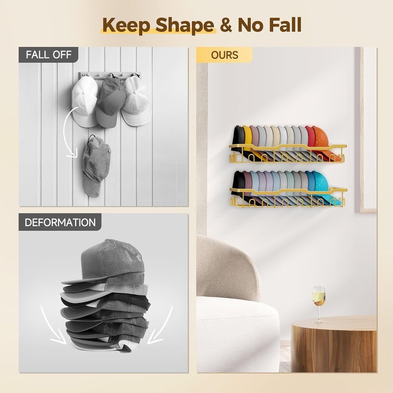 Nicetree Hat Racks for Baseball Caps Wall - Metal Hat Organizer for 48 Baseball Caps Holder, 2 Pack Hat Storage Organizer for Closet, Bedroom, Living Room - Image 3